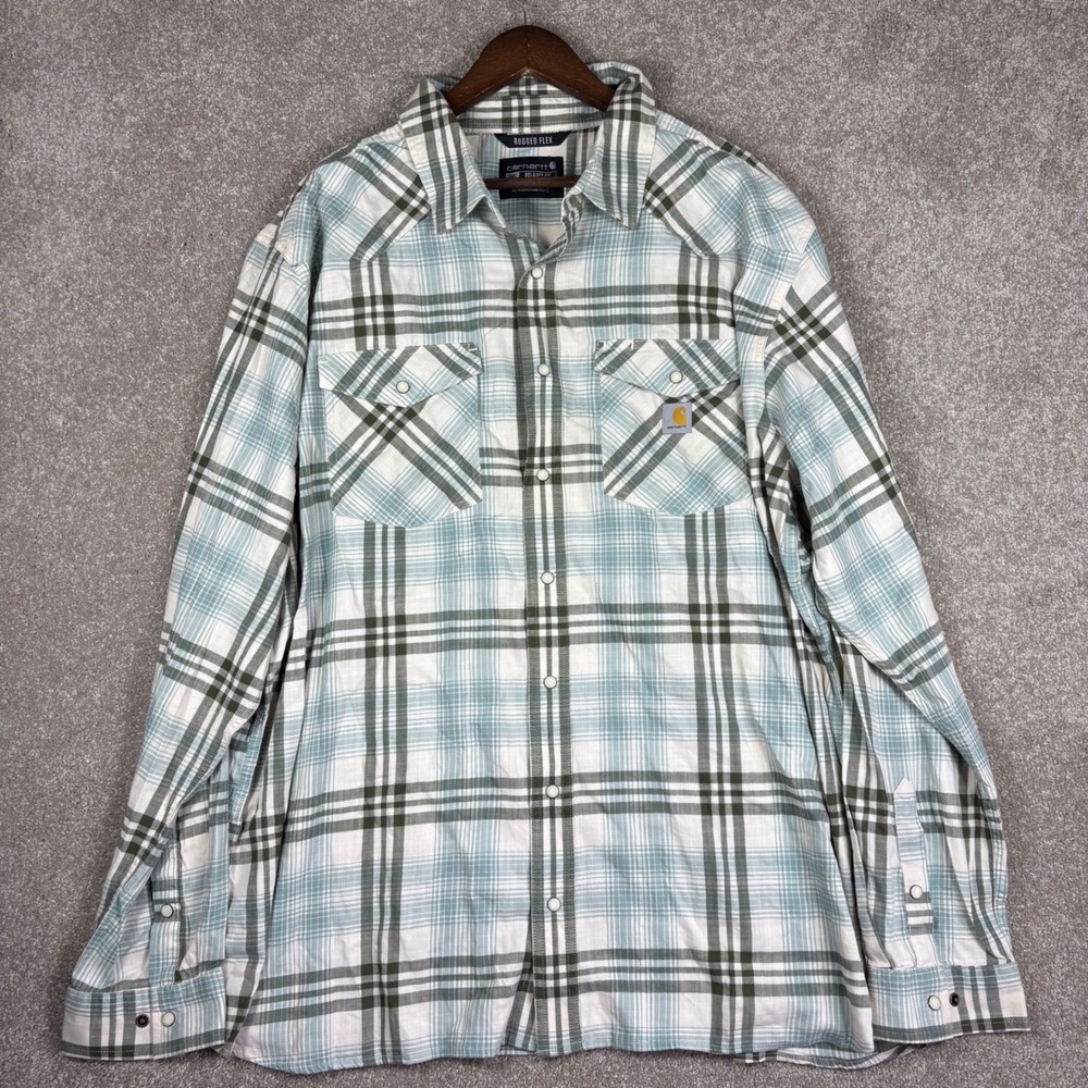 Carhartt Rugged Flex Plaid Western Pearl Snap Shirt Mens 2XL Tall Blue Green